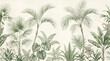 © T_H_E_A_R_T_I_S_T - Vintage tropical wallpaper border with palm trees and ferns, botanical jungle mural illustration, green exotic foliage on beige background