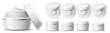 © VectorBum - Realistic round cream container. Cosmetic plastic jar. Mockup of skincare products top and side view. Packaging for body or face serums. 3D full package. Open and closed pots vector set