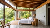 Wide angle eco luxury tropical resort bedroom interior with panoramic jungle view window and wooden ceiling