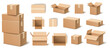 © VectorBum - Realistic boxes. 3D cardboard packaging templates. Open and closed packing. Various view angles. Shipping containers. Postal delivery. Transportation packages. Paper objects vector set