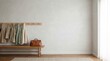 © Yauhen - Small jackets hang on a wooden rack above a bench holding a leather medical bag. The minimalist interior evokes a sense of calm and childhood dreams. Ideal for healthcare and family life themes.