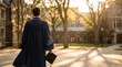 © ASyen - Graduation ceremony with a student in a cap and gown holding a diploma walking away from the camera on a college campus