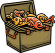 © Galih - Hand-drawn open green tackle box filled with orange fish, hooks and fishing gear, isolated on white for angling, outdoor recreation, camping, and fresh catch themes