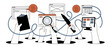 © Fernando - Web developer multitasking team collaboration workflow concept with hands holding clipboard, magnifying glass, and knife, representing digital programming, testing, cybersecurity risk, or chaos.