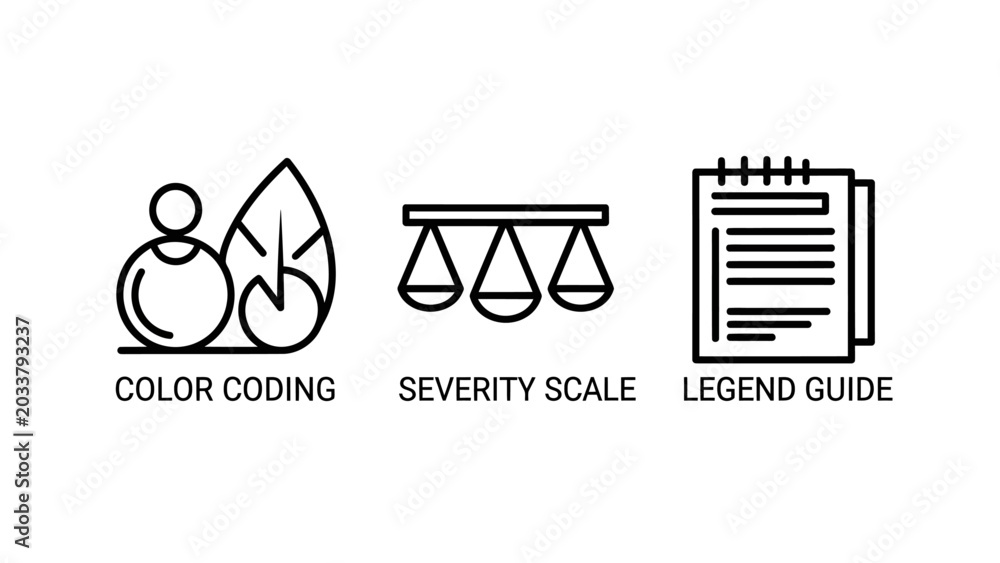 Data interpretation icons including color coding severity scale and ...
