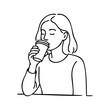 © teracreonte - Dibujo sencillo con líneas de una mujer sentada con ropa informal, bebiendo de un vaso de papel con café, apoyada en una mesa