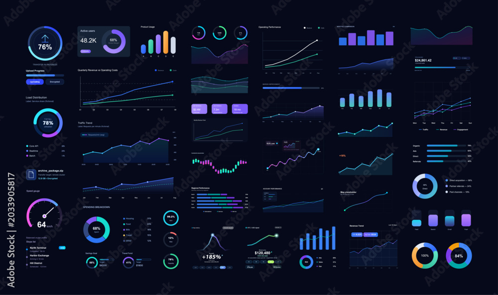 UI Graphics Set with Charts, Diagrams and Infographic Widgets. Dark ...