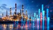 © Bhavesh - Oil refinery plant with glowing financial bar chart and rising market data showing energy industry growth petroleum production fuel investment analytics and global economy development concept