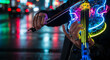 © Ahmad - Close-up of a person playing a futuristic neon-lit electric violin in a blurred urban night setting with city lights reflecting on a wet street.