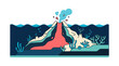© GedhangKlutuk - Stylized vector illustration of an active underwater volcano erupting with lava and smoke in the ocean. EPS Editable. Vector Illustrations.