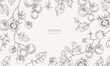 © merfin - Background with tomatoes brunch and leaves. Detailed hand drawn ink illustration for template layout design, brochure or cover for food card
