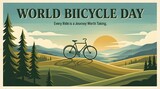 Bicycle illustration with scenic landscape and sunset vintage style vector graphic bike cycling pedal two wheeled vehicle retro aesthetic