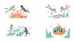 © Rokaiya - Underwater Exploration and Innovation: A four-panel illustration depicting diverse teams engaged in oceanographic research, coral reef study, underwater farming.