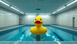© Anandastudio - A solitary giant yellow rubber duck floating serenely in the middle of a vast, empty indoor swimming pool