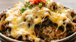 © Adis N. Tyas - Beef rice bowl from Japan or gyu donburi with cheese and gari ginger on top served in a rustic bowl