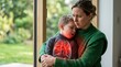 © Flash memory - Mother holding sick son suffering from respiratory illness. Ill child with inflamed lungs visualization. Healthcare concept for viral infection, pneumonia, and pediatric medical care.