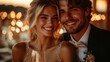 © Fana Art - Smiling newlyweds at sunset reception with bokeh lights