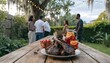 © Elvano - Barbecue Dinner Party Outdoors: Grilled Ribs, Sangria, Tomatoes, Friends Gathering