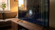 © Nusrat - Broken television screen with spider web cracks and colorful vertical glitch lines on monitor display showing physical damage impact point on wooden media console in cozy living room.