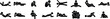 © Angel - Minimalist stick figure icons of people lying down, 16 vector silhouettes in various resting poses, black human pictograms for relaxation and comfort