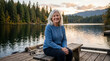 © DWI - Happy senior woman smiling on a wooden lake dock at sunset in autumn, enjoying retirement and nature in a forest mountain setting