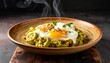 © Ubay.d25 - Mexican chilaquiles green salsa. Steaming hot traditional breakfast with fried egg, avocado, and tortilla chips. Authentic spicy Mexican cuisine.