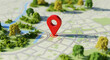 © simz - 3D navigation map background with red location pin icon