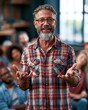 © Justlight - Confident public policy speaker making openhanded gestures engaging a diverse small community in a modern town hall with natural window light and blurred attentive attendees in the
