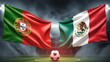 © R.A.N world - Portugal versus mexico national flags waving in large stadium for soccer match international event.