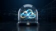 © mtsrprn - A futuristic glass dome protects a glowing blue network with a padlock on a dark background with technology inside.