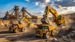 © OLHA - A group of large yellow dump trucks driving down a dirt road