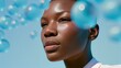 © AI for you - Portrait of a Black female model with glowing skin surrounded by blue bubbles against a clear sky, showcasing a cinematic skincare campaign aesthetic