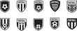 © Nur - Football crest emblems with soccer balls and stripes, sports badge vector icons and emblem, ball, and icon and black and white in outline style