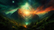 © monkeybusiness.pt - Radiant glowing sacred geometry diamond portal over a mystical mountain forest under a vibrant cosmic starry nebula sky, surreal fantasy landscape, generative AI