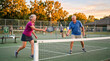 © scaliger - Senior couple playing pickleball on an outdoor court. Active older man and woman hitting the ball over the net during golden hour. Healthy retirement lifestyle concept