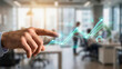 © Enes - Hand pointing at rising holographic line graph with floating chart icons, data analytics concept, business intelligence, performance metrics, growth analysis, KPI dashboard reporting