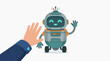 © Bassi images - A human hand waves goodbye to a friendly, blue and orange cartoon robot on a white background.