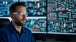 © Olesya - Male operator in safety glass monitoring oil refinery process control system. Professional engineer observing digital industrial production data on dashboard. Energy sector technology.