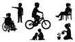 © Adil - Diverse group of young children shown as black vector silhouettes engaged in various daily activities today