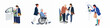 © Reno - Flat illustration set of a female assistant providing mobility support, car transfers, wheelchair assistance, and delivery services for senior citizens.
