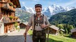 © aiin en - Cheerful Elderly Swiss Man in Authentic Traditional Alpine Lederhosen Clothing Celebrating Local Heritage and Mountain Culture