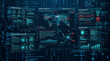 © NanisHappy - Cybersecurity interface with system status, network threat monitoring, data encryption layers, active threats, and endpoint audit displayed on digital blue background with futuristic design