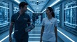 © KloberanJaya - Profissionais da área médica caminhando por um corredor futurista, discutindo trabalho.