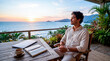© Gustavo Cruz - Profissional em trabalho remoto com vista para o mar em estilo digital nomad