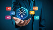 © Siam - Businessman holding virtual light bulb, artificial intelligence concept with ai icons.