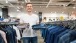 © Cyan Creative - Man standing between clothing racks holding jeans in a store