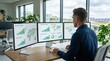 © CreativeAssetCo - Business analyst working with multi-monitor setup displaying global data charts, world maps, and growth metrics in modern office with large windows