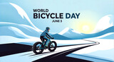 Illustration of a person riding a fattire bicycle on a scenic mountain road during world bicycle day celebration