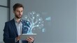 © joeycheung - Man holds tablet holographic tree displays data symbolizing AI and