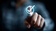 © Khan - Professional interacting with futuristic digital interface displaying glowing checkmark for successful approval, verification, or completion in modern technology concept
